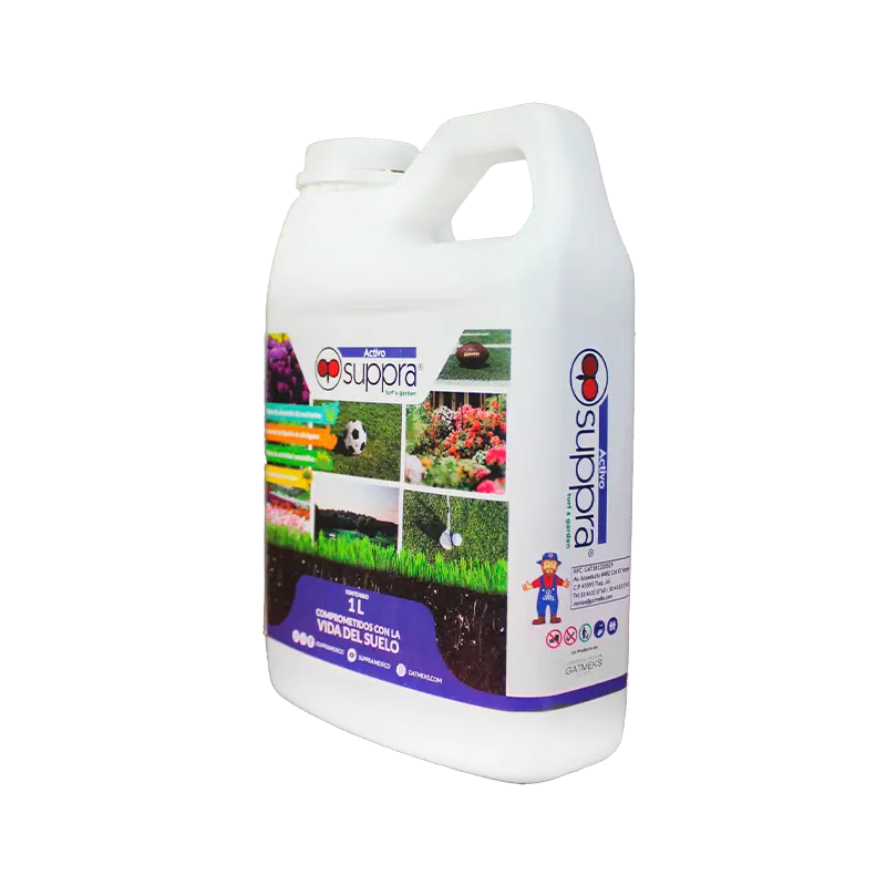 Amino Supppra Turf and Garden 1L, Bioestimulante orgánico para céspedes y cultivos ornamentales, vista envase 3/4