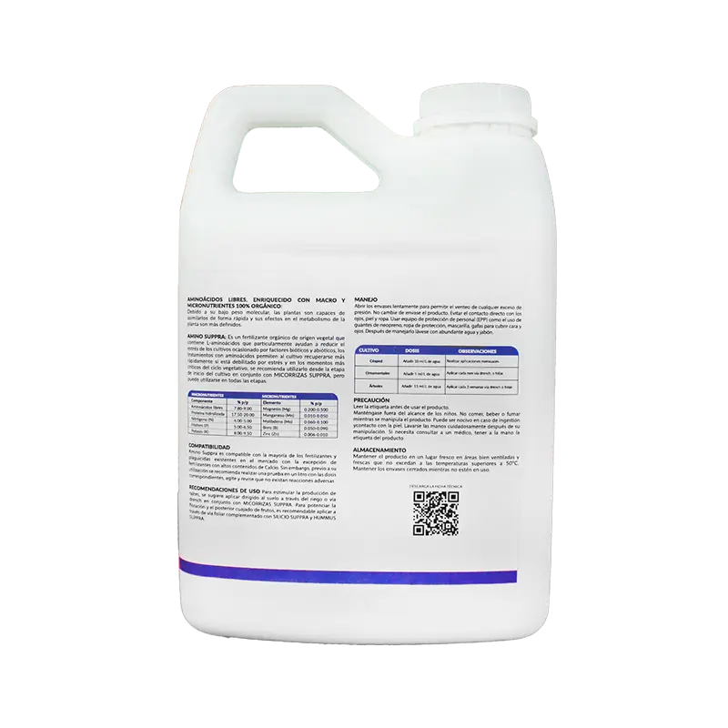 Amino Supppra Turf and Garden 1L, Bioestimulante orgánico para céspedes y cultivos ornamentales, etiqueta trasera