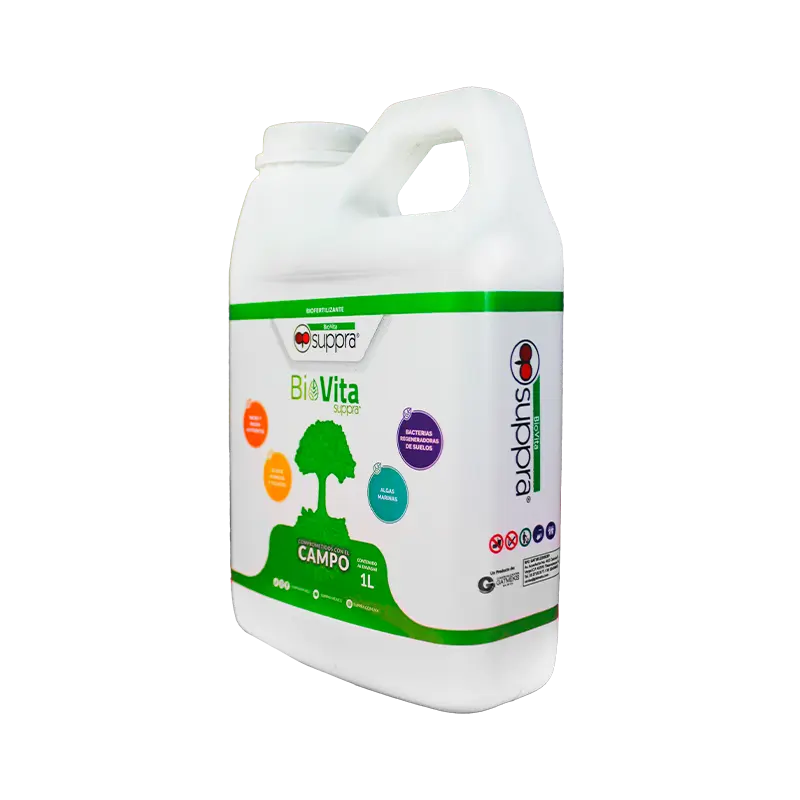 Biovita, bioestimulante organico con algas marinas adicionado con macro y micro nutrientes, garrafa 1L, vista garrafa 3/4